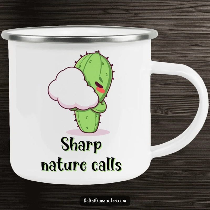 Funny Kawaii cactus character, looking uncomfortable while hugging a cloud, on a durable camping mug for outdoor laughs.