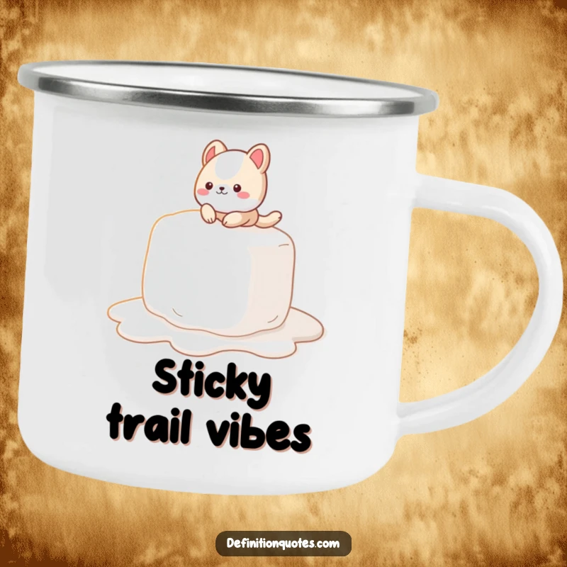 Funny Camping Mug: A cute animal character slipping on a giant, melting marshmallow, perfect for outdoor enjoyment.