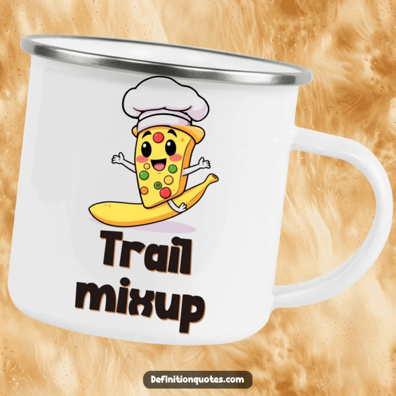 Funny camping mug with a pizza slice chef slipping on a banana peel, durable and humorous for outdoor use.
