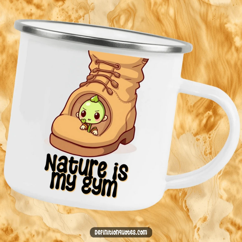 Funny enamel camping mug showing a determined sprout pushing a comically large acorn uphill, perfect for rugged, humorous adventures.