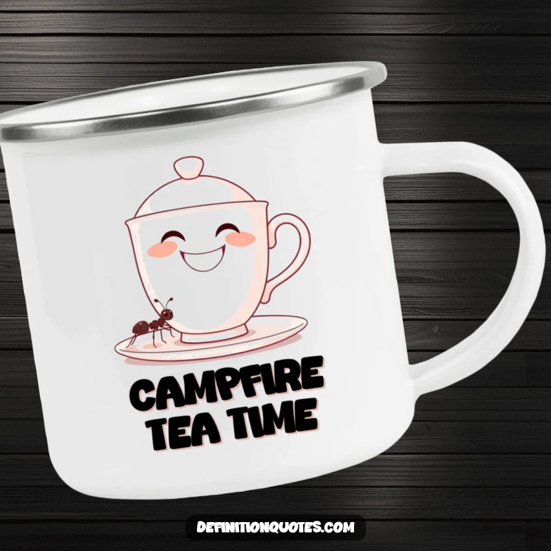Funny, grinning oversized teacup character being filled by a tiny ant, on a sturdy camping mug, a funnier outdoor gift.
