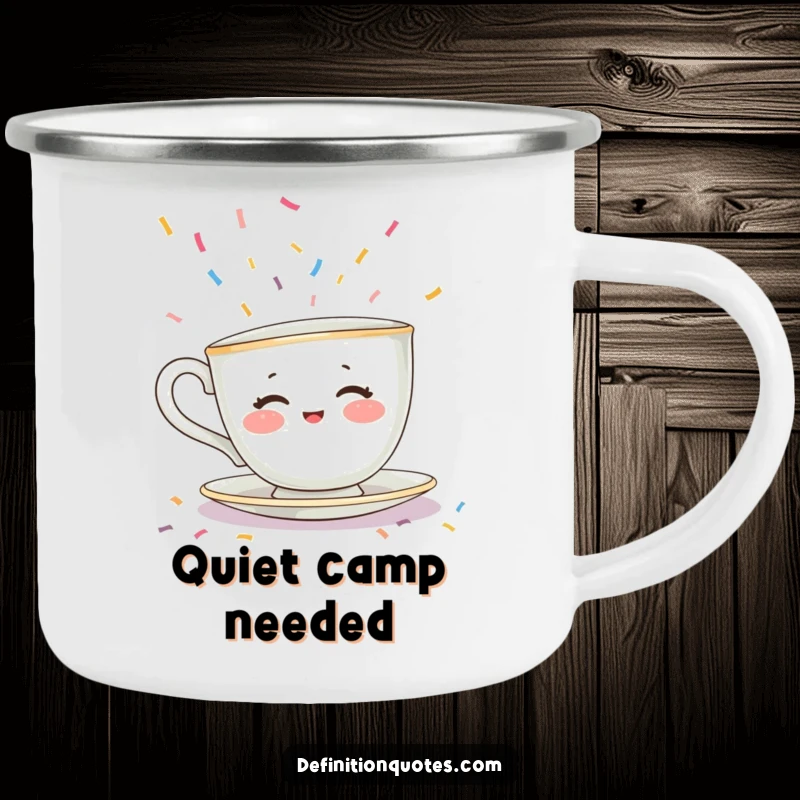 Funny camping mug with a shy teacup character with rosy cheeks hiding from falling confetti, a rugged and humorous introvert gift.