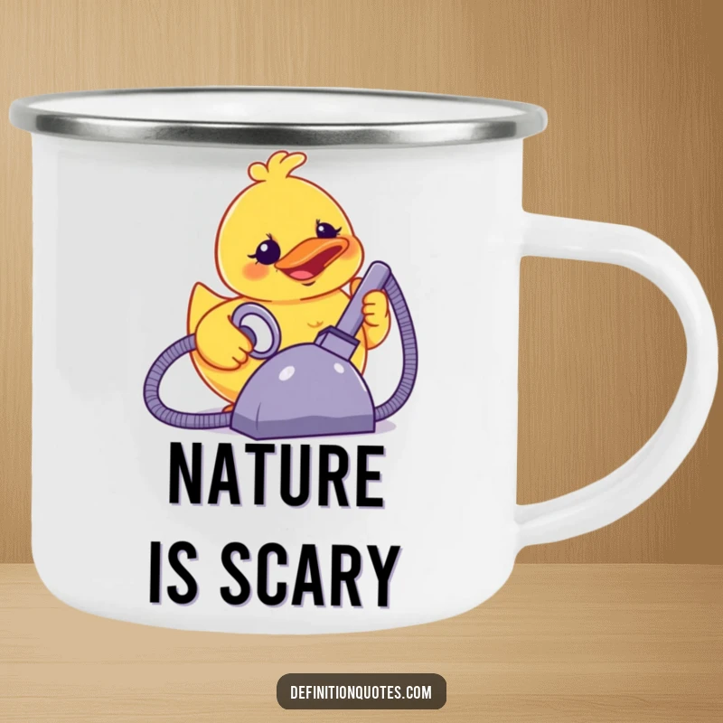 Funny terrified smiling rubber ducky powering a giant vacuum cleaner, on a sturdy camping mug.