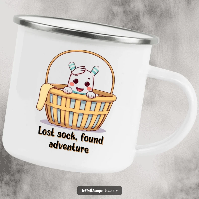 Funny camping mug featuring a cheeky sock puppet peeking from an empty laundry basket, ready for outdoor fun.