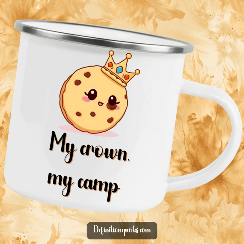 Funny cookie with a crown, holding a camping mug, admiring a chocolate chip.
