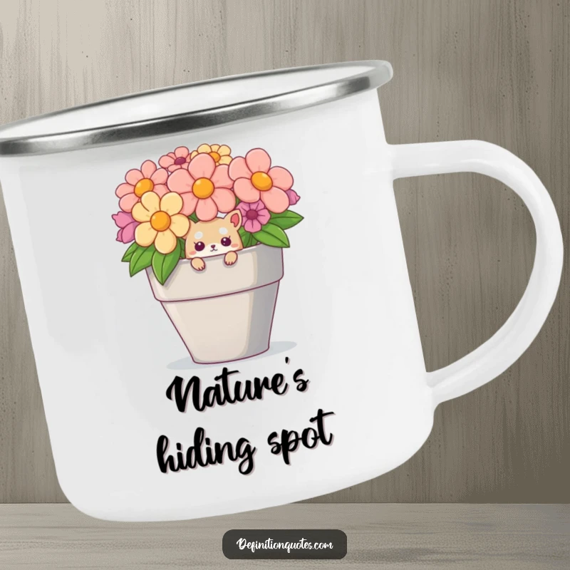 Funny camping mug with a small creature peeking out of a giant flower pot, perfect for outdoor laughs.