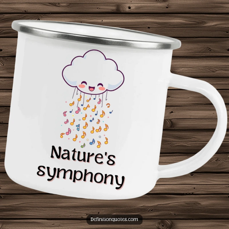 Funny enamel camping mug featuring a cheerful rain cloud character showering tiny, sparkly musical notes, perfect for outdoor music lovers.