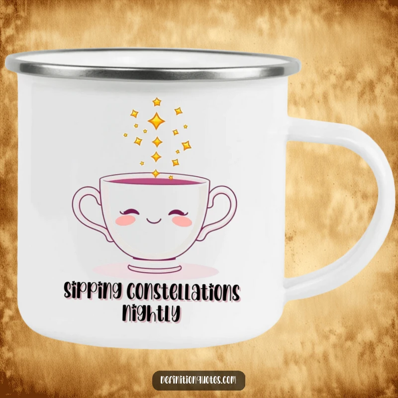 Funny camping mug featuring a smiling teacup pouring tiny sparkling stars, perfect for magical outdoor sips.