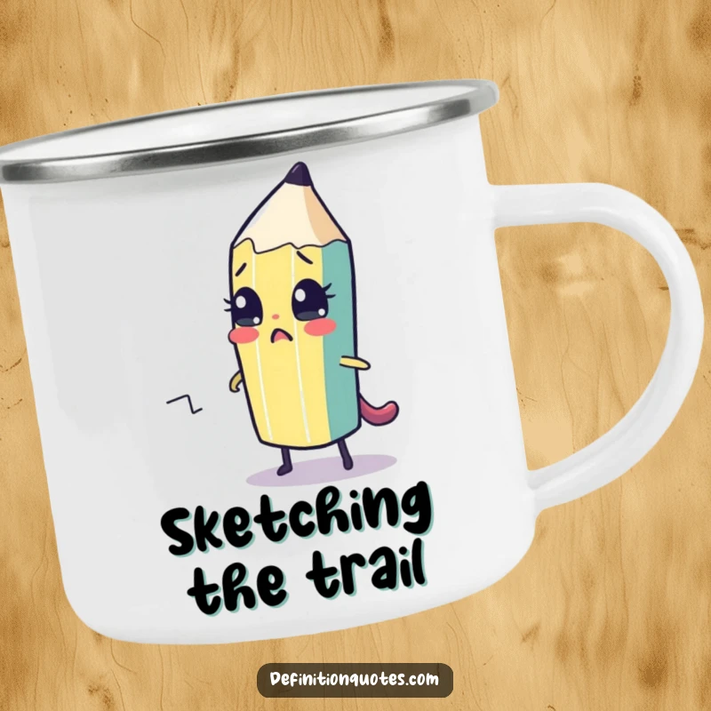 Funny camping mug featuring a cute pencil character drawing its escape path, durable and humorous for outdoor use.