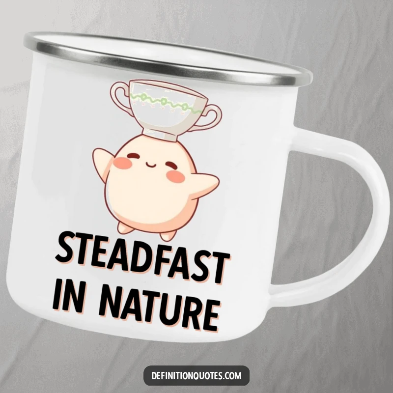 Funny Camping Mug: A small, joyful blob character balancing a teacup on its head, ready for outdoor fun.