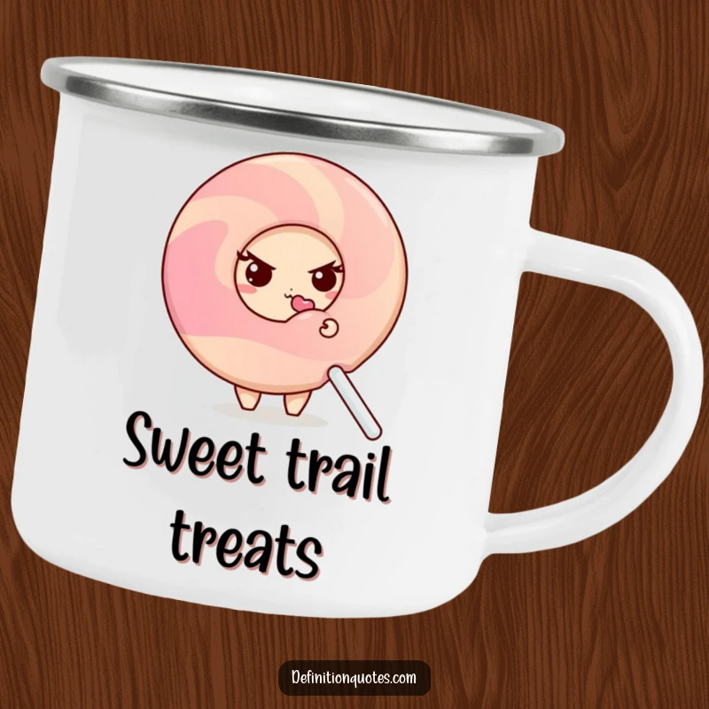 Funny shy donut character peeking from behind a lollipop, on a durable camping mug for outdoor sweetness.