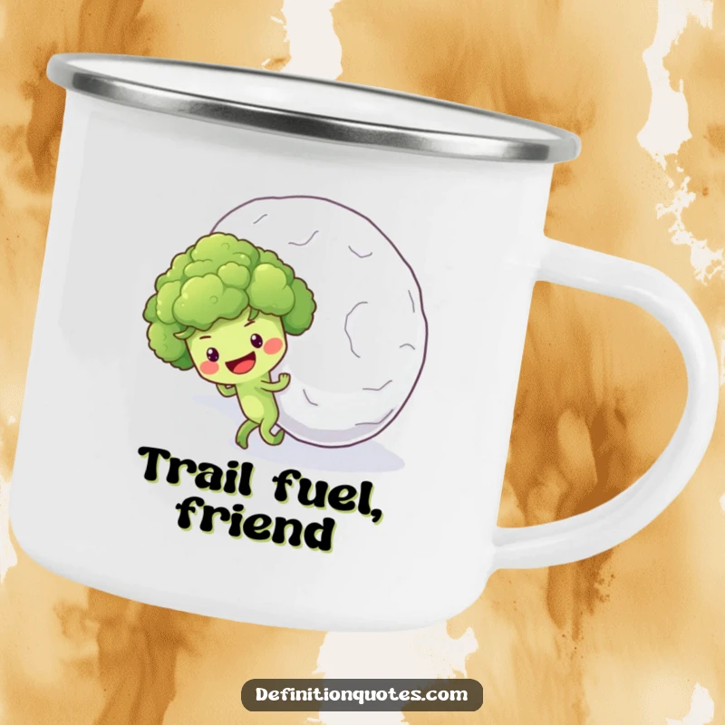Funny camping mug showing a hopeful broccoli floret character pushing a giant snowball uphill, perfect for outdoor endeavors.