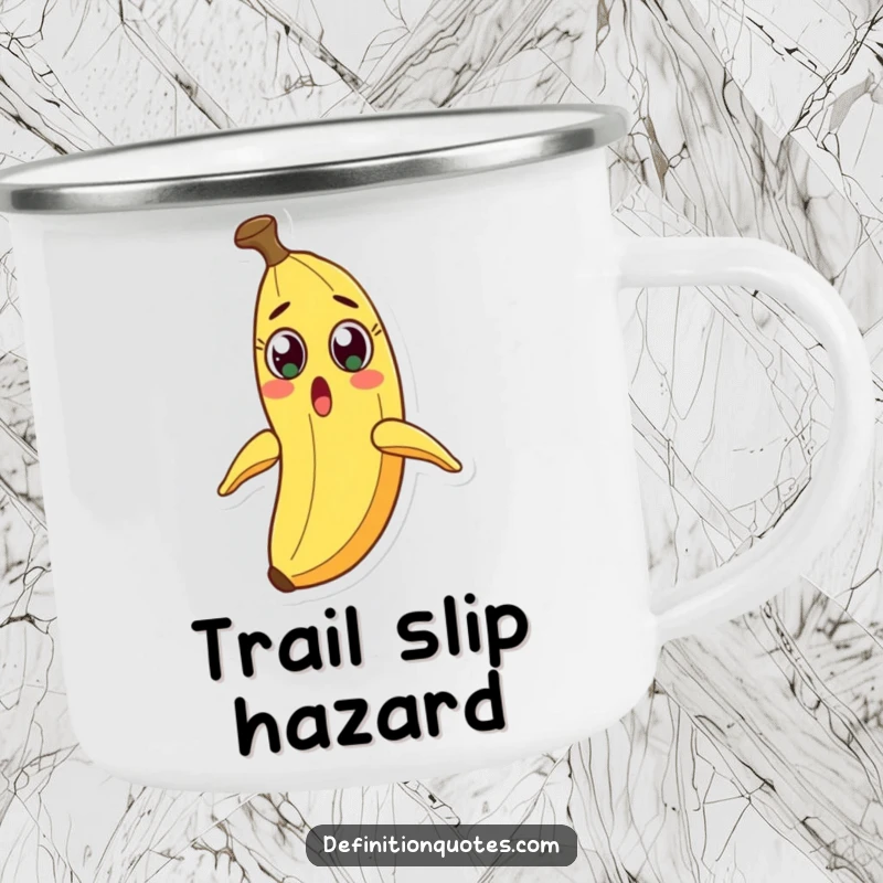 Funny enamel camping mug, a wide-eyed banana character reacting to its peel sliding off.