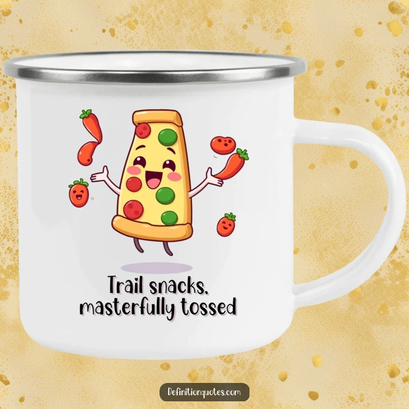 Funny Pizza Juggling Pepperoni Camping Mug: A delighted pizza slice character comically juggles flying pepperoni, for campfire laughs.
