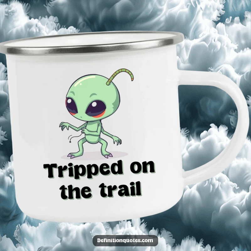 Funny clumsy alien tripping over its long bendy antennae on a rugged camping mug, ideal for outdoor enthusiasts who enjoy a laugh.