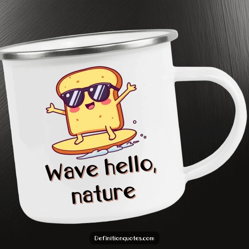 Funny Kawaii toast character wearing sunglasses, surfing a giant crumb, on a sturdy camping mug, ready for outdoor laughs.