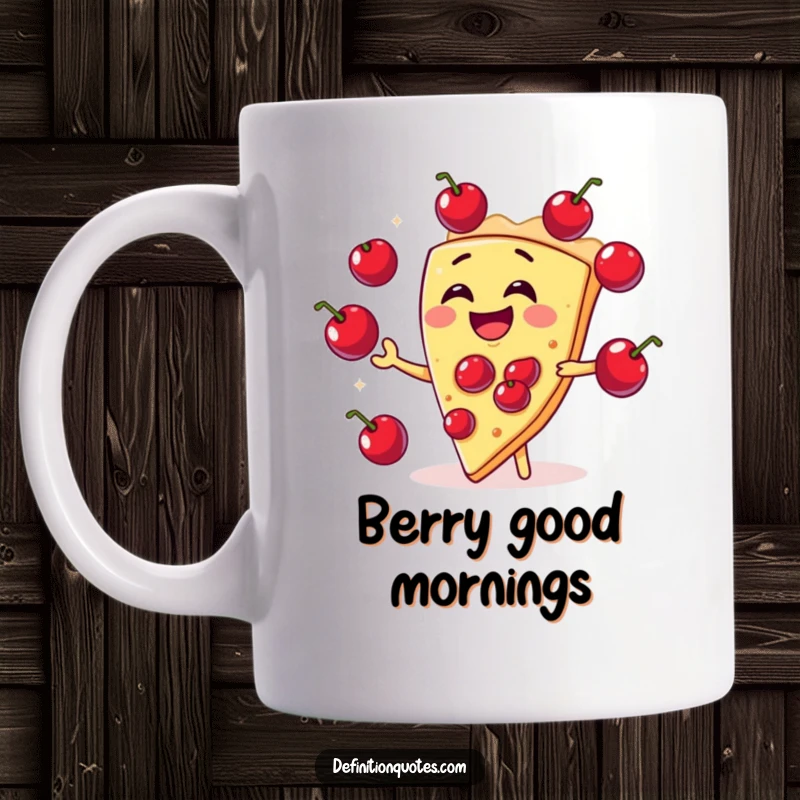 Funny slice of pie character laughing while juggling cherry filling like circus balls on a mug, expressing pure joy.