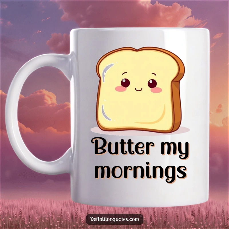 Funny piece of toast peeking curiously from behind a giant butter pat on a mug, depicting a whimsical breakfast scene.