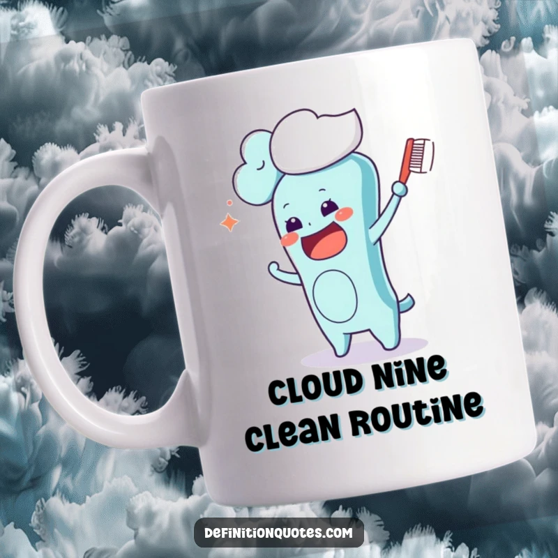 Funny Kawaii toothbrush character hilariously attempting to brush a fluffy cloud, a surreal and humorous scene on a mug.