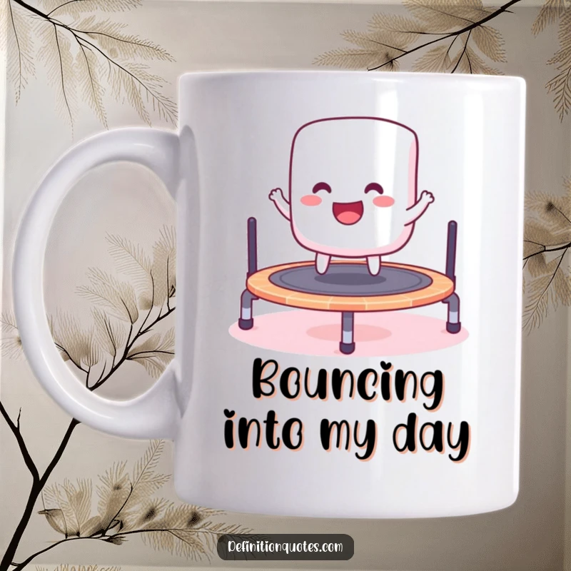 Funny mug featuring a cheerful marshmallow gleefully bouncing on a miniature trampoline, full of energy and fun.