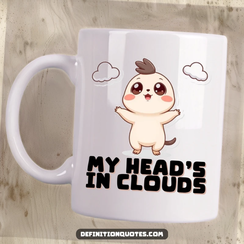 Funny Mug: A tiny creature with googly eyes excitedly juggling three small clouds, evoking pure joy and wonder.