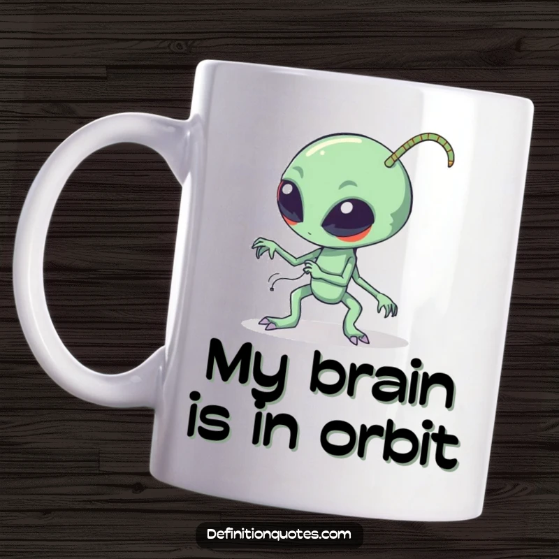 Funny alien tripping over long bendy antennae, spilling coffee on a mug, showcasing cosmic clumsiness and relatable humor for space fans.