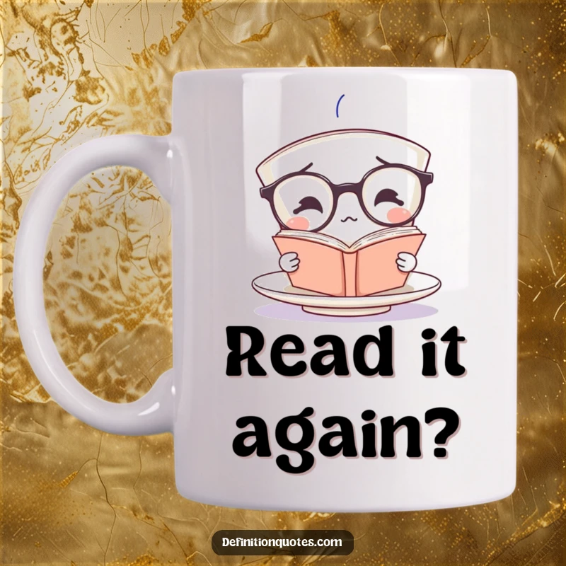 Funny teacup character with spectacles struggling to read an upside-down book, ideal for a humorous gift mug.