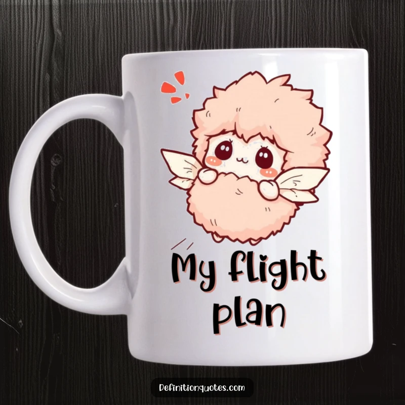 Funny bewildered fluffy slipper character trying to fly with paper wings on a mug, humorous gift.