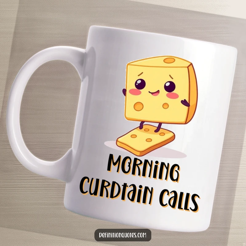 Funny mug featuring a giggling cheese wedge precariously balancing on a single, unsteady cracker, a delightful food-themed jest.