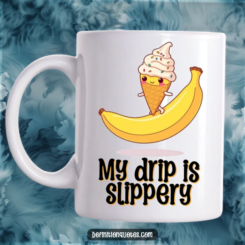 Funny Ice Cream Cone Mug: A clumsy, sprinkle-covered character slips hilariously on a giant banana peel, perfect for a funny gift.
