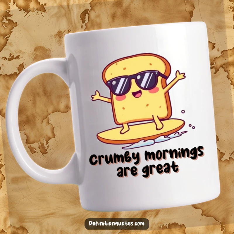Funny Kawaii toast character wearing sunglasses, hilariously surfing a massive crumb with a determined yet comical expression on a mug.