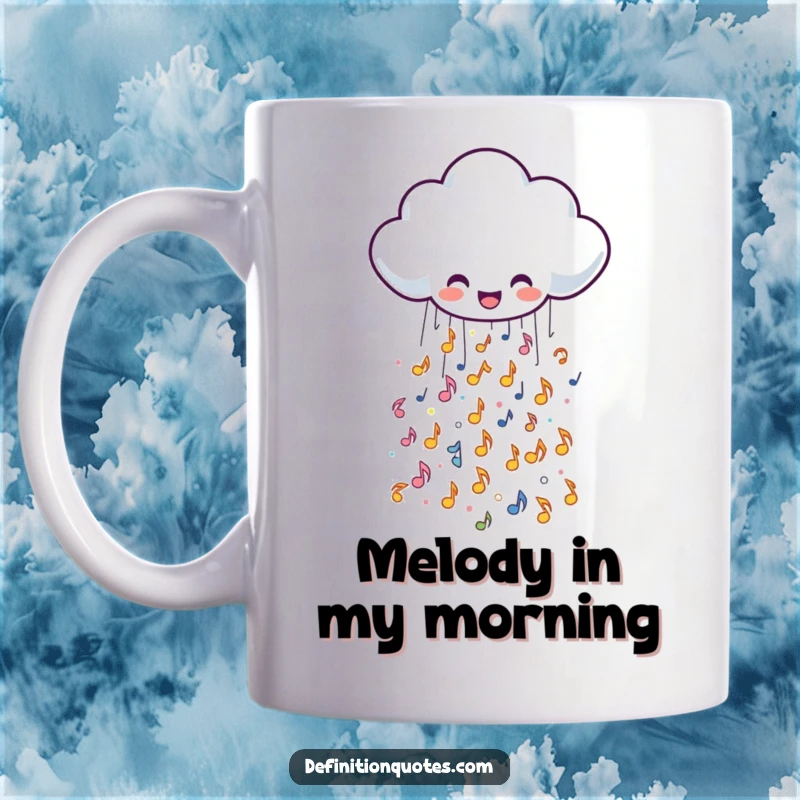 Funny mug featuring a cheerful rain cloud character joyfully spilling a cascade of tiny, sparkly musical notes, spreading musical cheer.