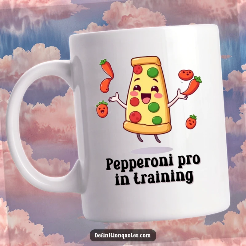 Funny Pizza Slice Mug: A delighted character comically juggles flying pepperoni, perfect for a funny foodie gift.