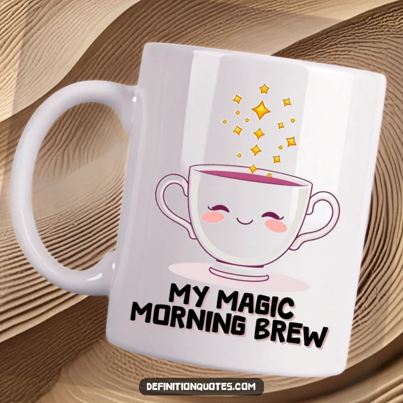 Funny mug featuring a smiling teacup pouring a stream of tiny, sparkling stars, radiating happiness and magic.