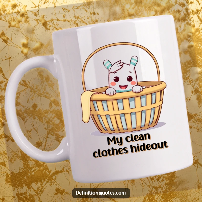 Funny mug featuring a cheeky sock puppet peeking out of an empty laundry basket with a mischievous grin, perfect for humor lovers.