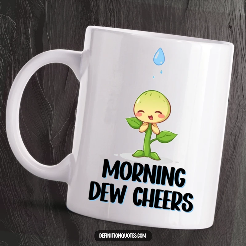 Funny happy little sprout dramatically bowing to a falling raindrop on a mug, a humble and comical scene.