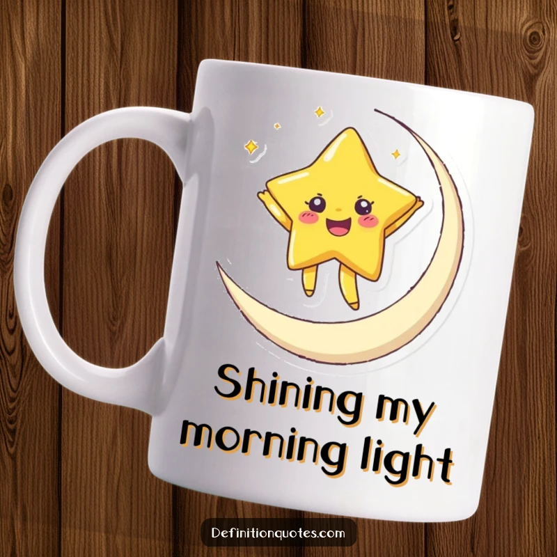 Funny mug with a joyful star character twinkling and dancing on a crescent moon, evoking cosmic happiness and wonder.