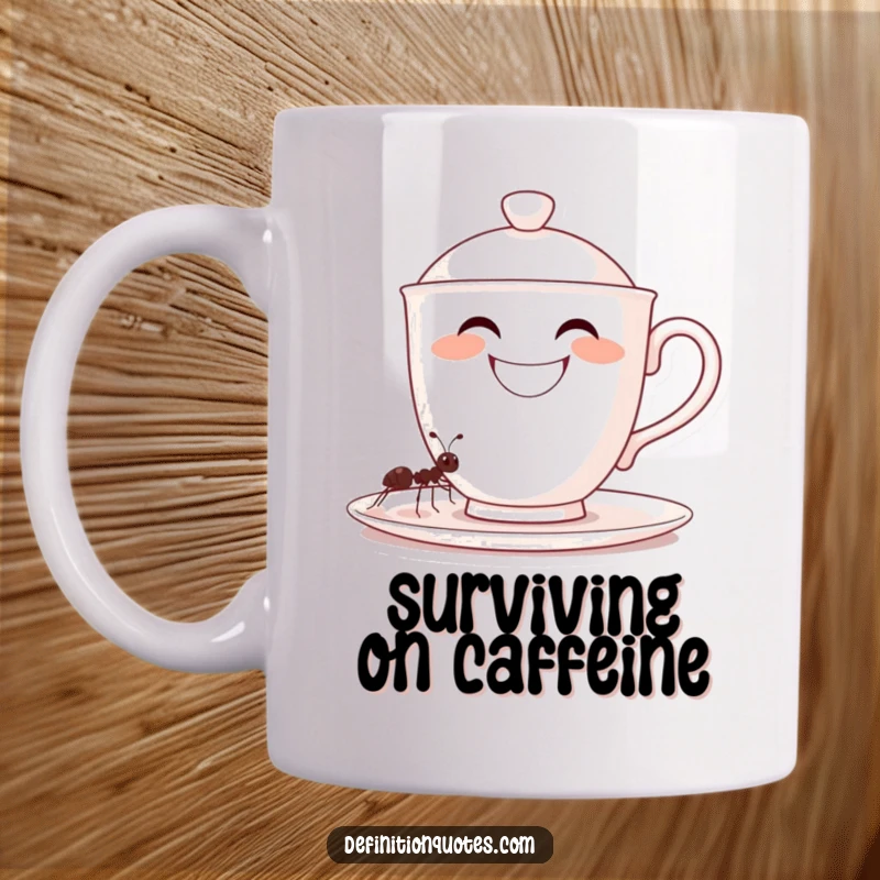 Funny, grinning oversized teacup character being filled by a tiny determined ant, on a mug, a charming funny gift.