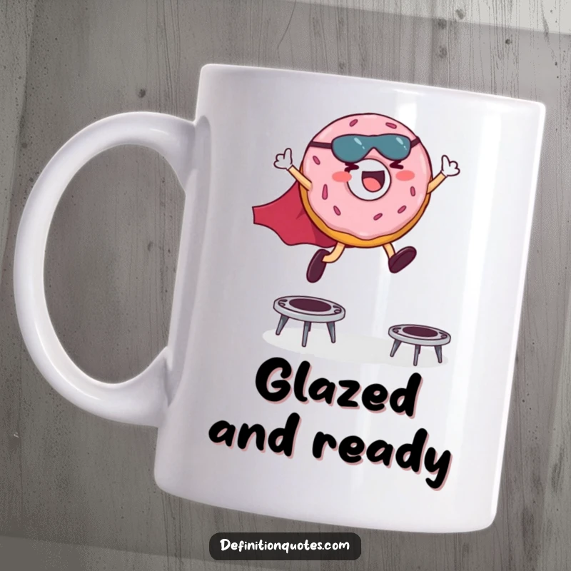 Funny mug featuring a giggling superhero donut in a cape leaping energetically over tiny trampolines, spreading joy.