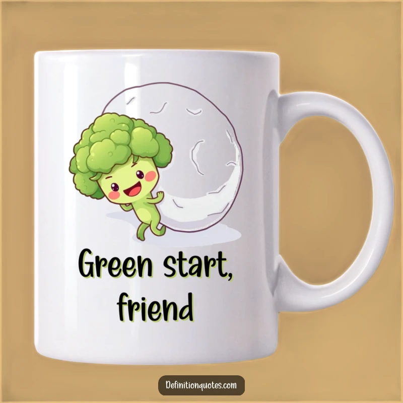 Funny Broccoli Snowball Mug: Optimistic Veggie Pushing Hill Gift