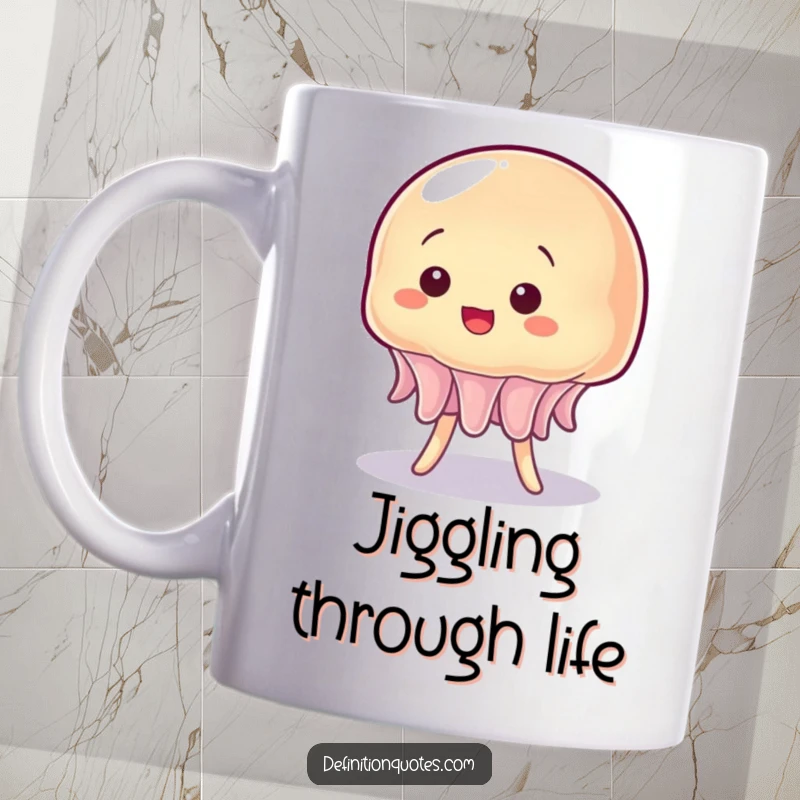 Funny coffee mug featuring a wobbly, transparent jelly character comically attempting to balance itself.