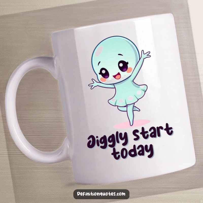 Funny wobbly jelly character dramatically striking a ballet pose on a mug, expressing playful elegance and humor.