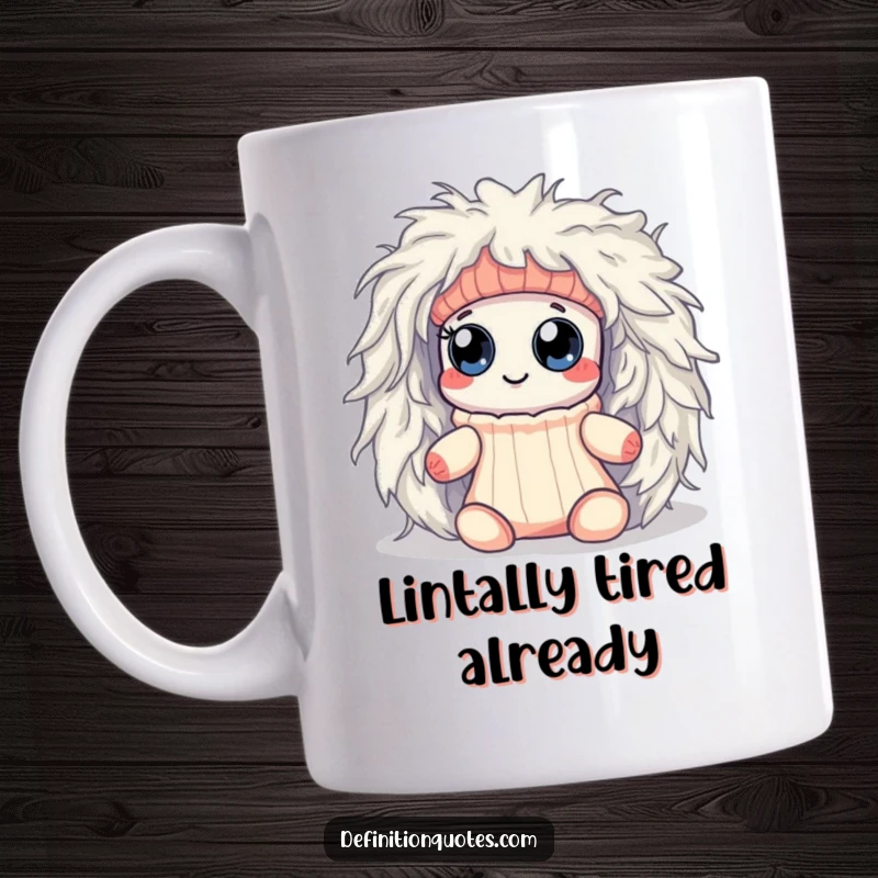 Funny Kawaii sock character with googly eyes, comically struggling against a fluffy dryer lint monster, depicted on a mug.