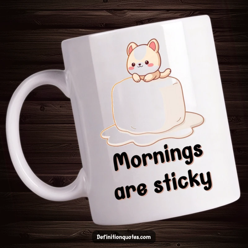 Funny Mug: A cute animal character comically slipping on a giant, gooey, melting marshmallow, a sweet disaster.