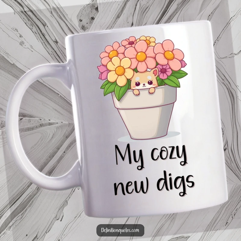 Funny mug showcasing a curious tiny creature popping its head out of a comically large flower pot, expressing playful surprise.