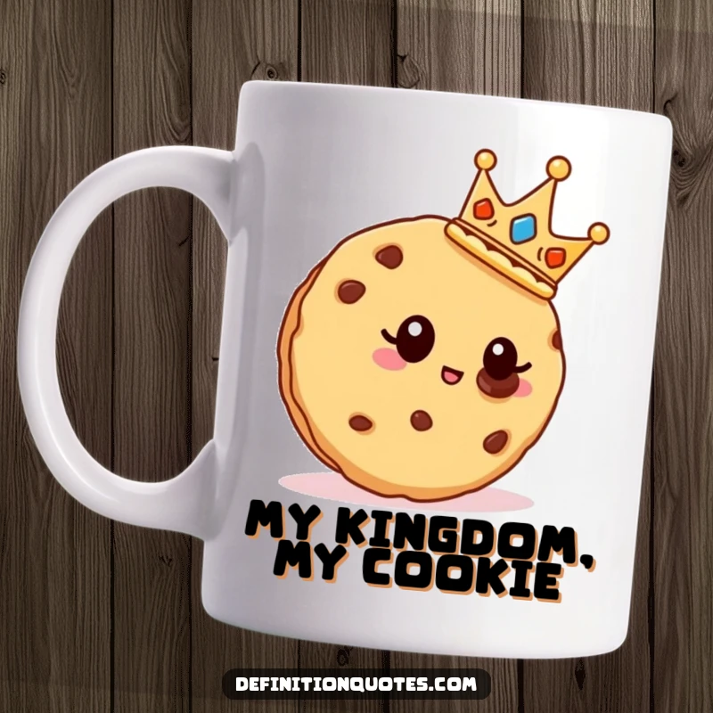 Funny cookie character wearing a tiny crown, proudly admiring a chocolate chip, on a regal mug.