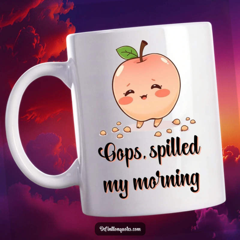 Funny blushing apple character, tripping and scattering seeds, shy expression, cute and humorous, perfect gift.