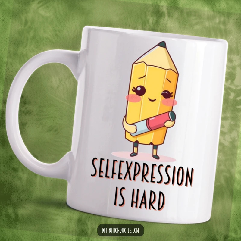 Funny mug featuring a blushing pencil character with an eraser, hilariously attempting to draw its own portrait, a visual gag.