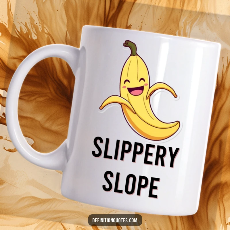 Funny Banana Peel Slip Mug: Ceramic mug depicts a grinning banana peel comically slipping on itself with exaggerated flair, a funny cautionary tale.