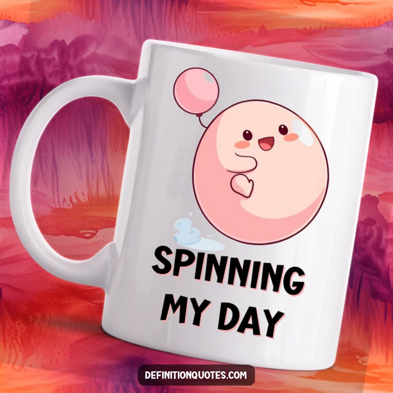 Funny Small Blob Mug attempting to ride a large, fast-spinning top, depicting a humorous struggle for balance and control.